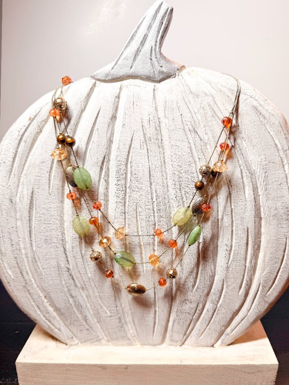 Multi Strand Earth Tone Layered Necklace Green Amber Gold Beads 18" - 21"